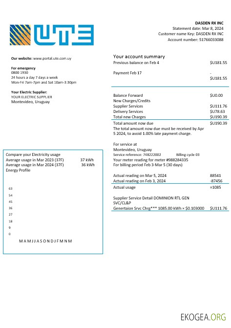 Modèle de facture de services publics d'électricité de la société UTE d'Uruguay aux formats Word et PDF